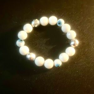 White agate 12 mm faceted with white glass evil eye and 12 mm silver  hematite